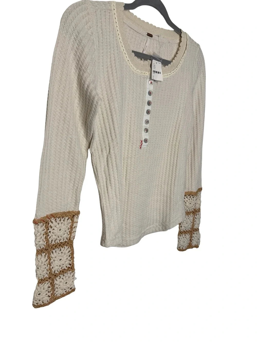 ✨🤍 NWT Free People Mistletoe Waffle Thermal Crochet Cuff Top S 🤍✨